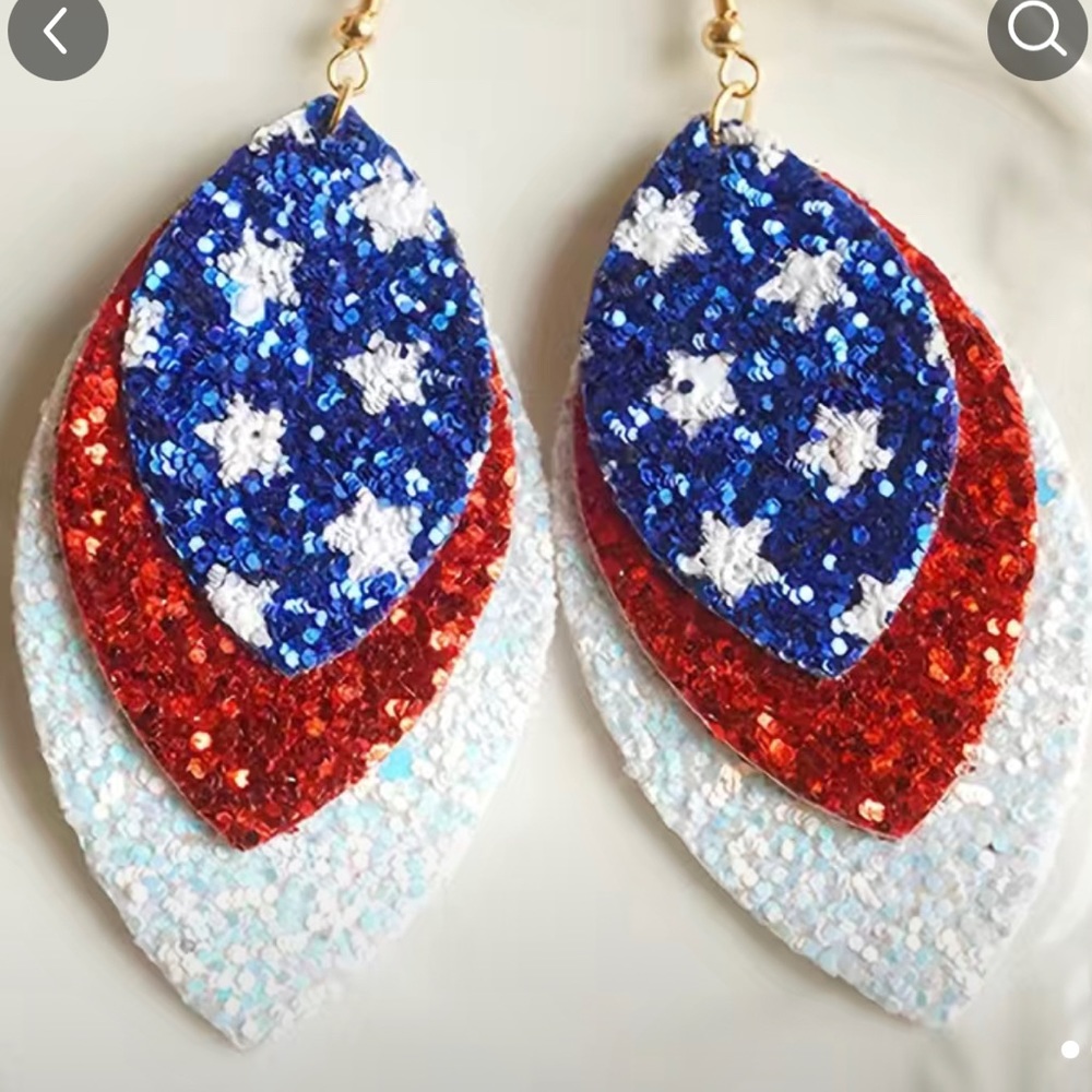 Lightweight leather red white and blue glittery earrings